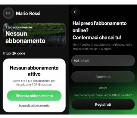 Home app con Riscatta abbonamento e schermata di conferma acquisto online