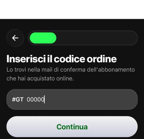 Schermata Inserisci il codice ordine