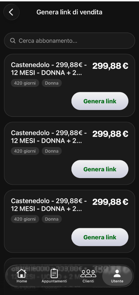 Catalogo abbonamenti con il pulsante Genera link