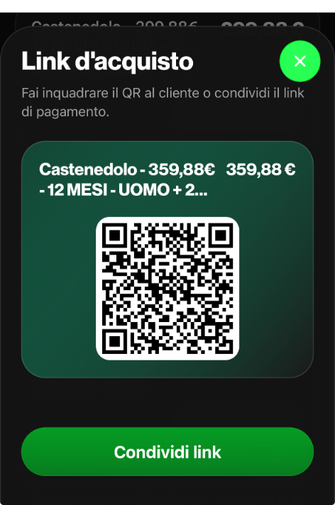 Link d'acquisto con QR code e Condividi link